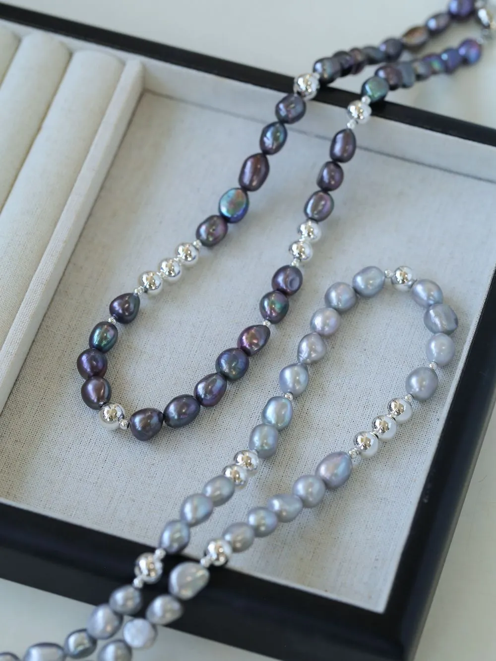 Purple Freshwater Pearls and Silver Ball Beaded Necklace