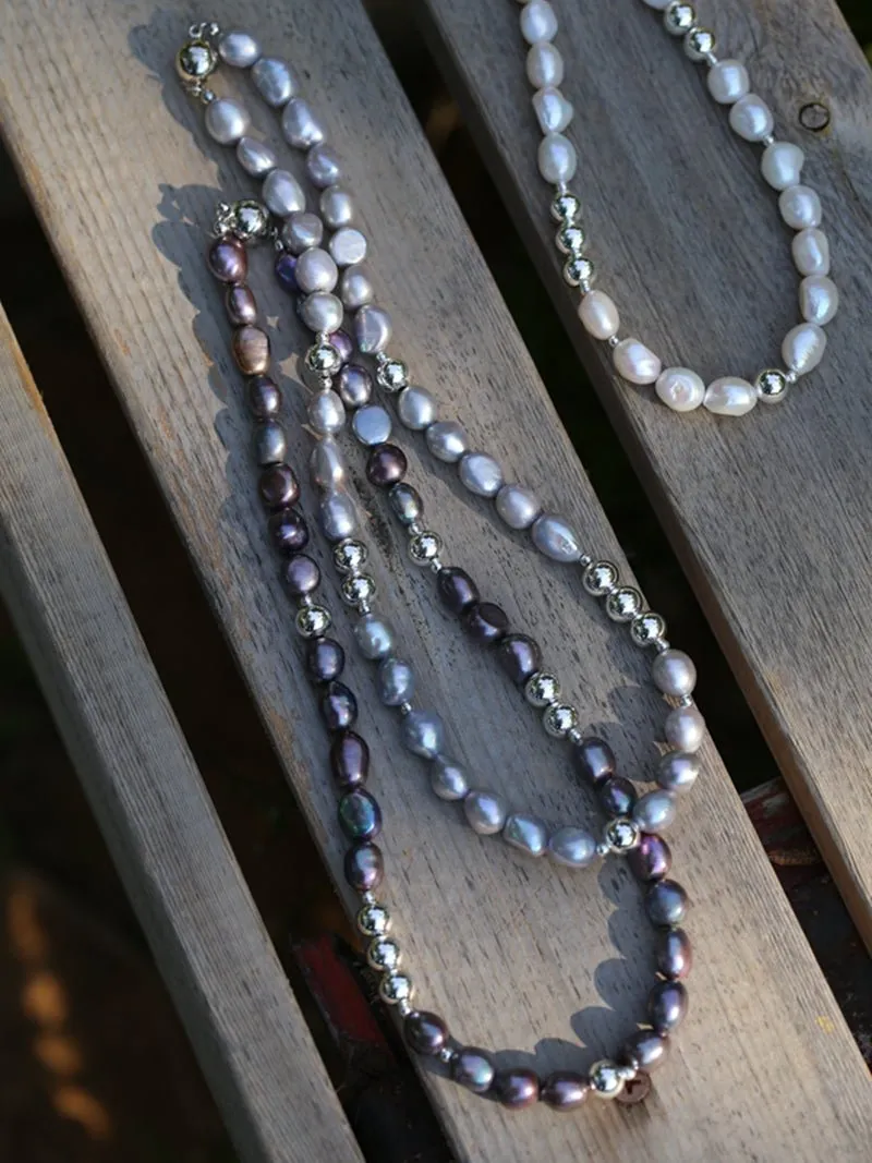 Purple Freshwater Pearls and Silver Ball Beaded Necklace