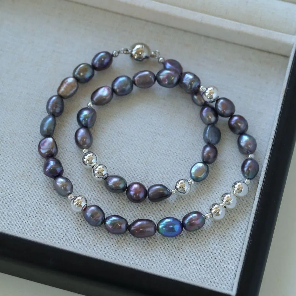 Purple Freshwater Pearls and Silver Ball Beaded Necklace