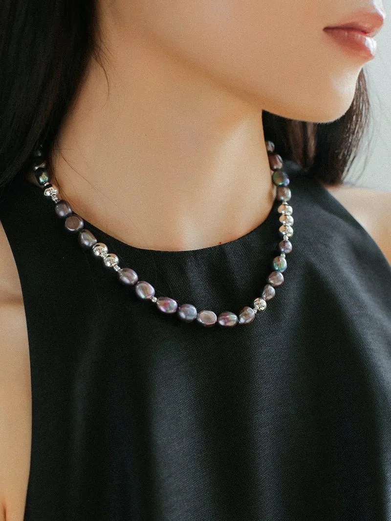 Purple Freshwater Pearls and Silver Ball Beaded Necklace
