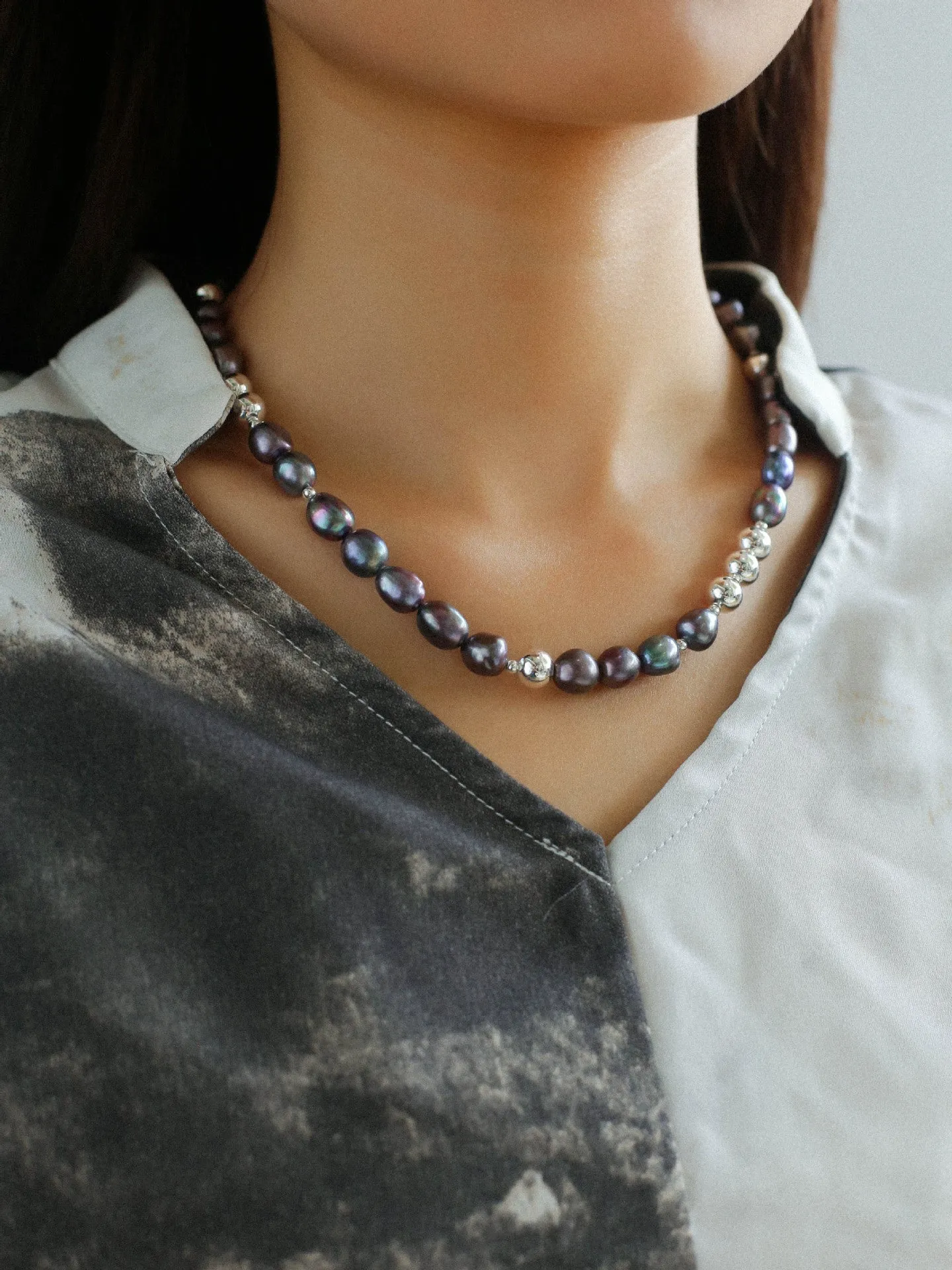 Purple Freshwater Pearls and Silver Ball Beaded Necklace