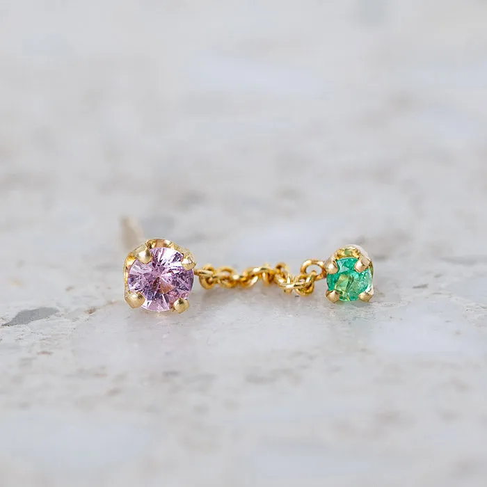 Purple Sapphire and Emerald Waterfall Single Stud