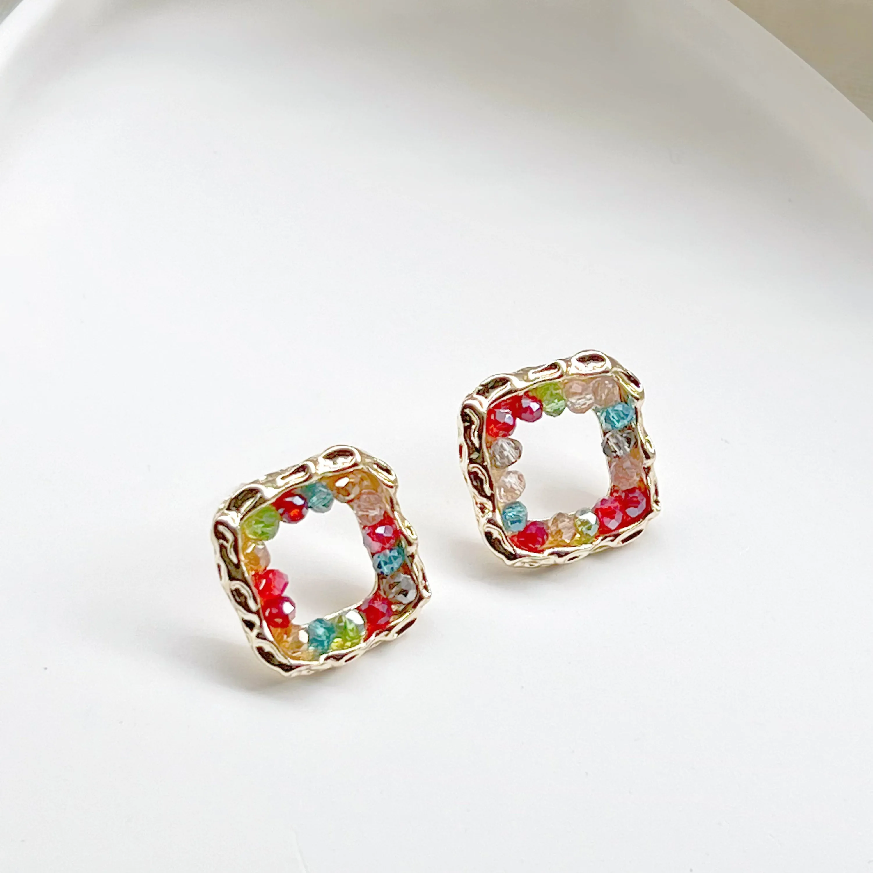 Rainbow Beads Square Hoop Earrings - Summer Theme Jewelry