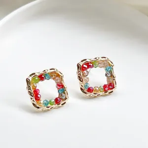Rainbow Beads Square Hoop Earrings - Summer Theme Jewelry