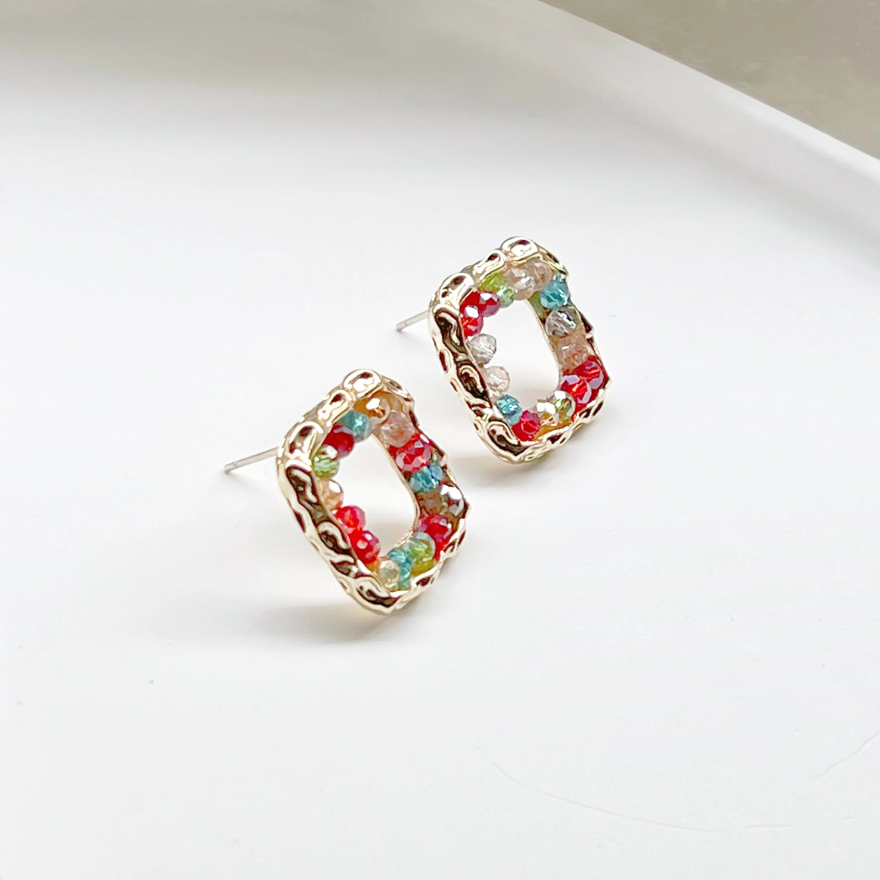 Rainbow Beads Square Hoop Earrings - Summer Theme Jewelry