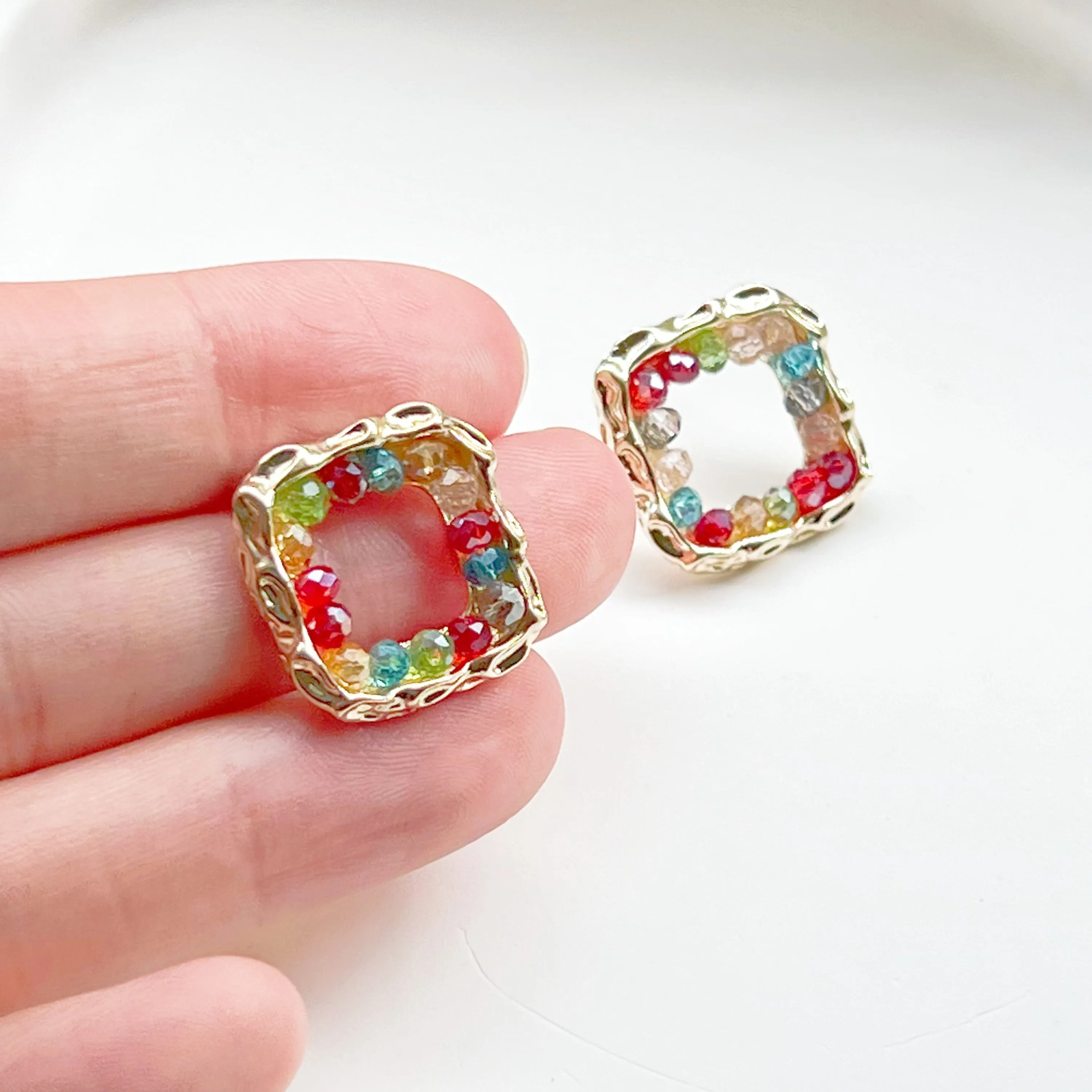 Rainbow Beads Square Hoop Earrings - Summer Theme Jewelry