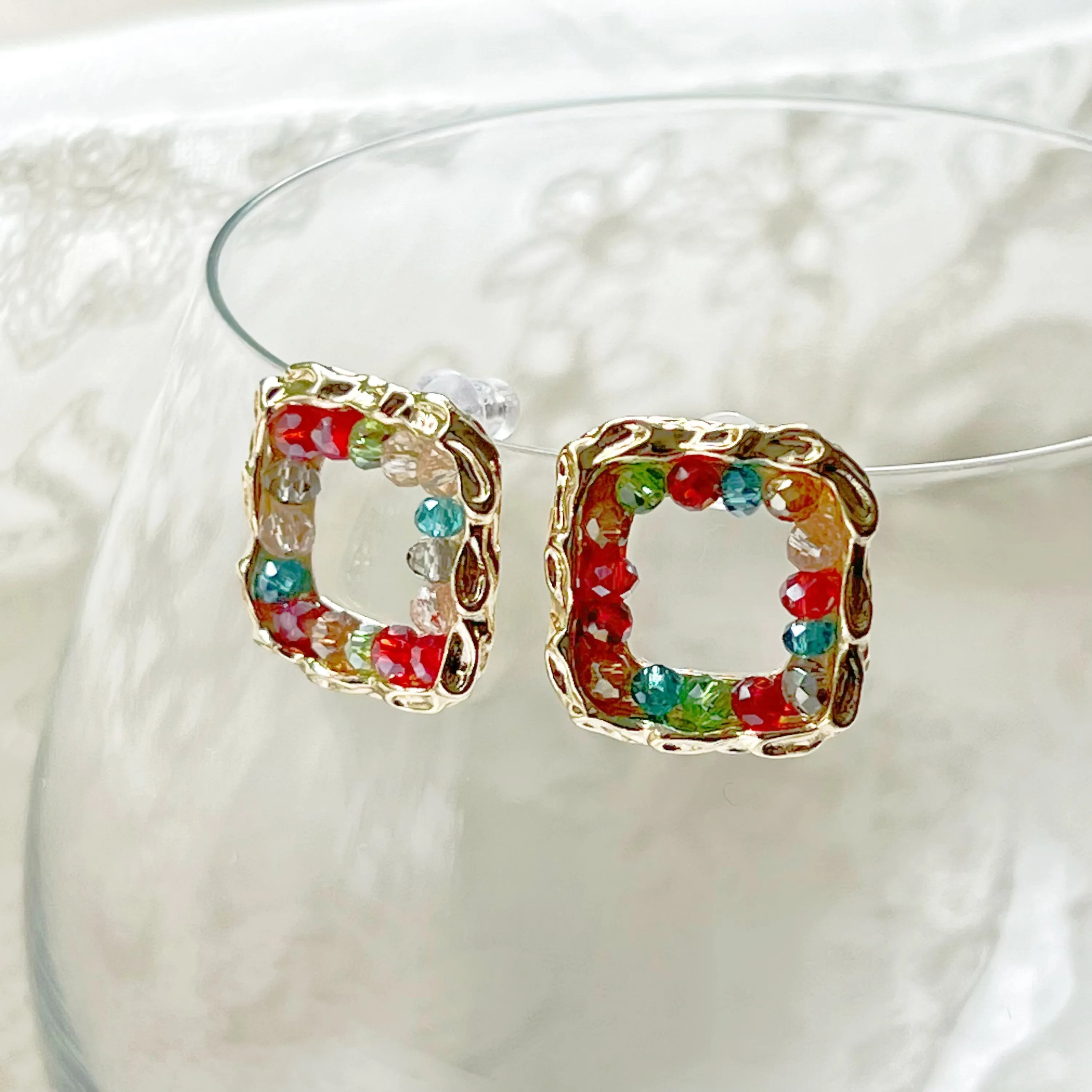 Rainbow Beads Square Hoop Earrings - Summer Theme Jewelry