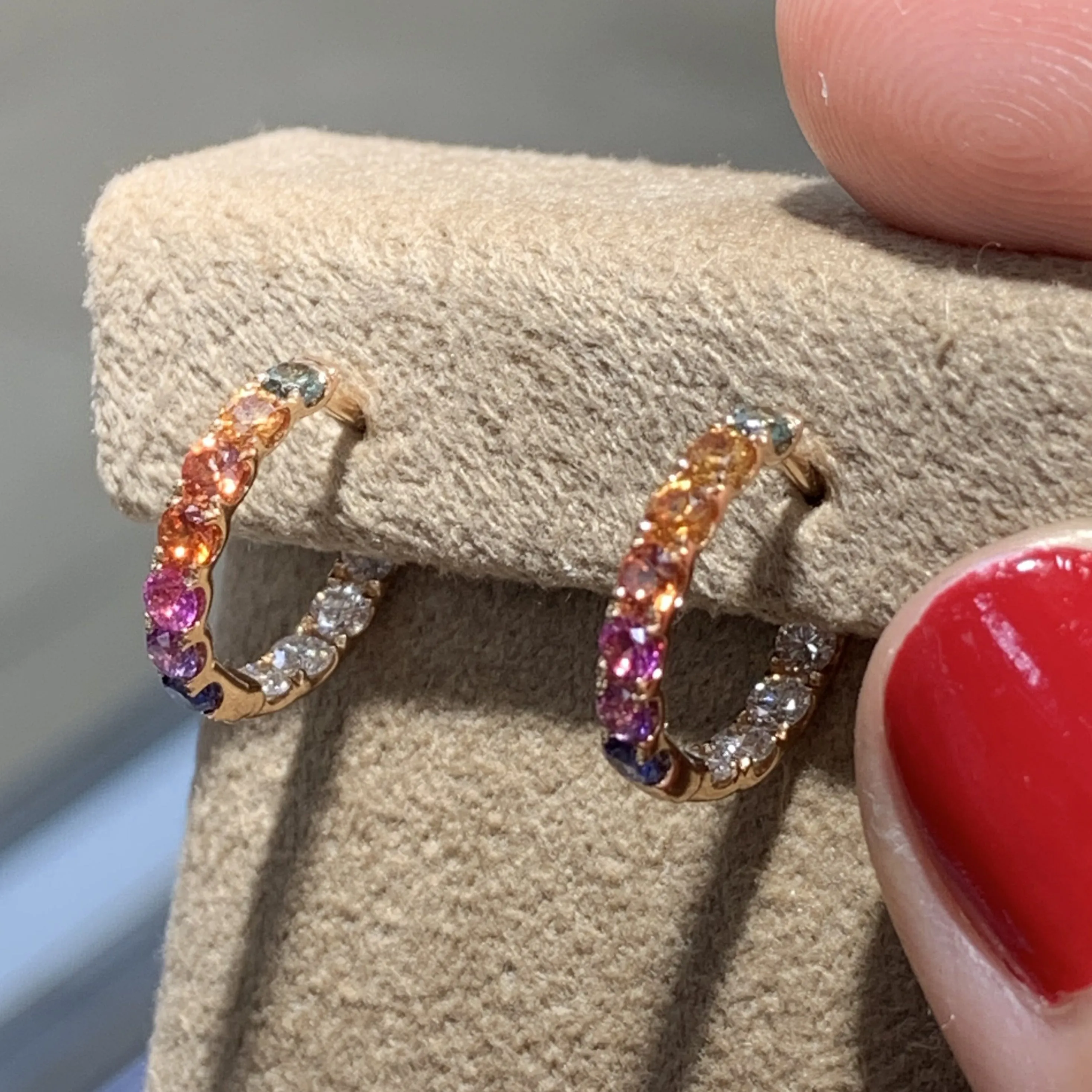 Rainbow Sapphire & Diamond Rose Gold Huggie