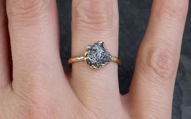 raw diamond solitaire engagement ring rough uncut gemstone gold conflict free black diamond wedding promise Alternative Engagement