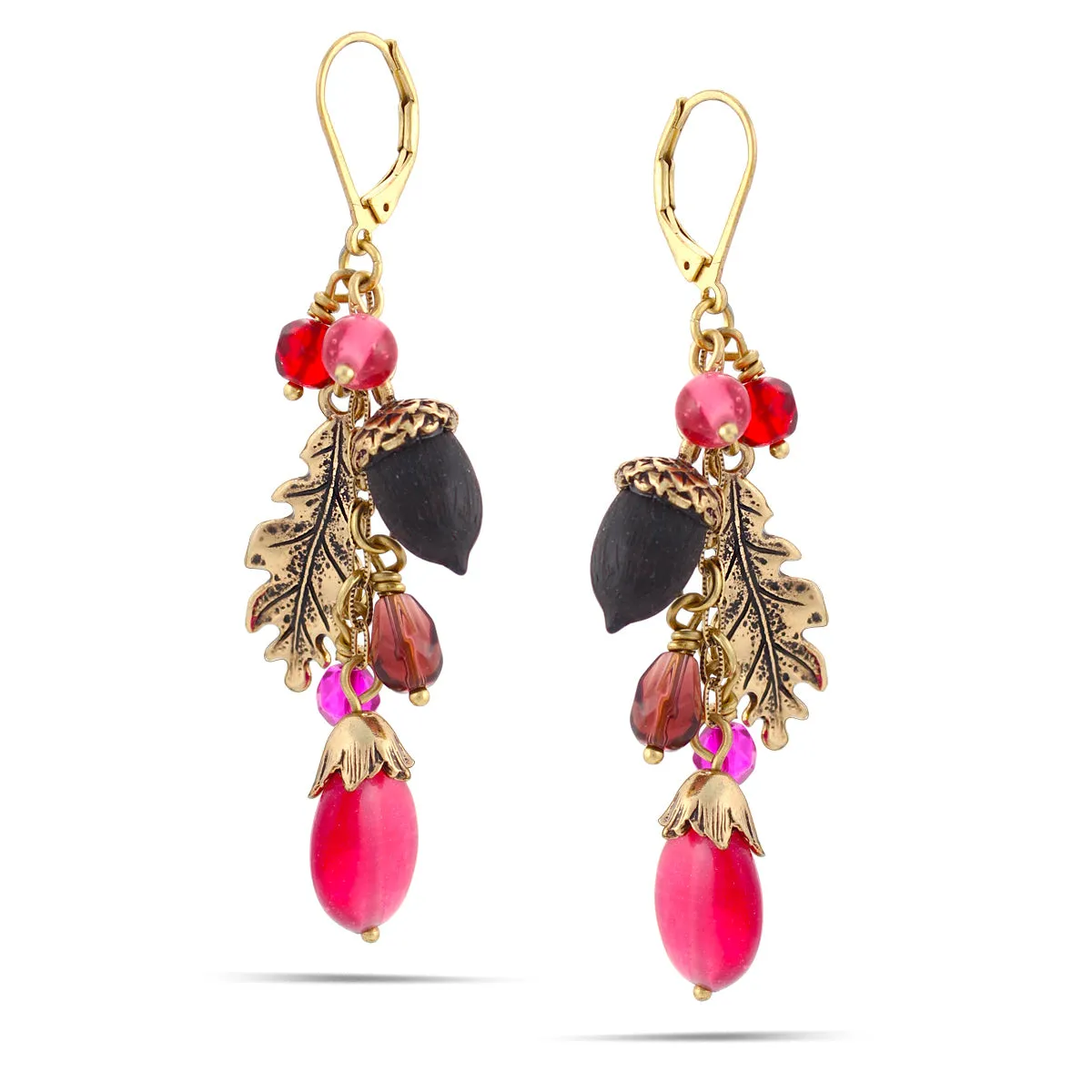RED CRYSRAL ACORN AND LEAF CHARM  EARRINGS #214RD3601 (1B6)