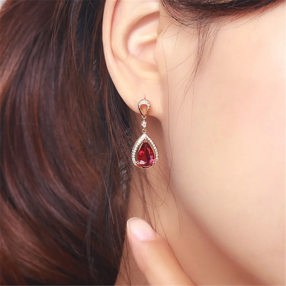 Red Crystal & Cubic Zirconia 18K Rose Gold-Plated Halo Pear Drop Earrings