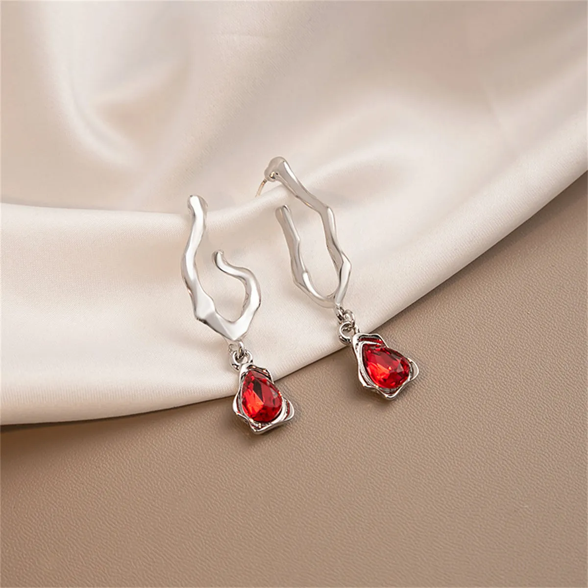 Red Crystal & Silver-Plated Drop Huggie Earrings
