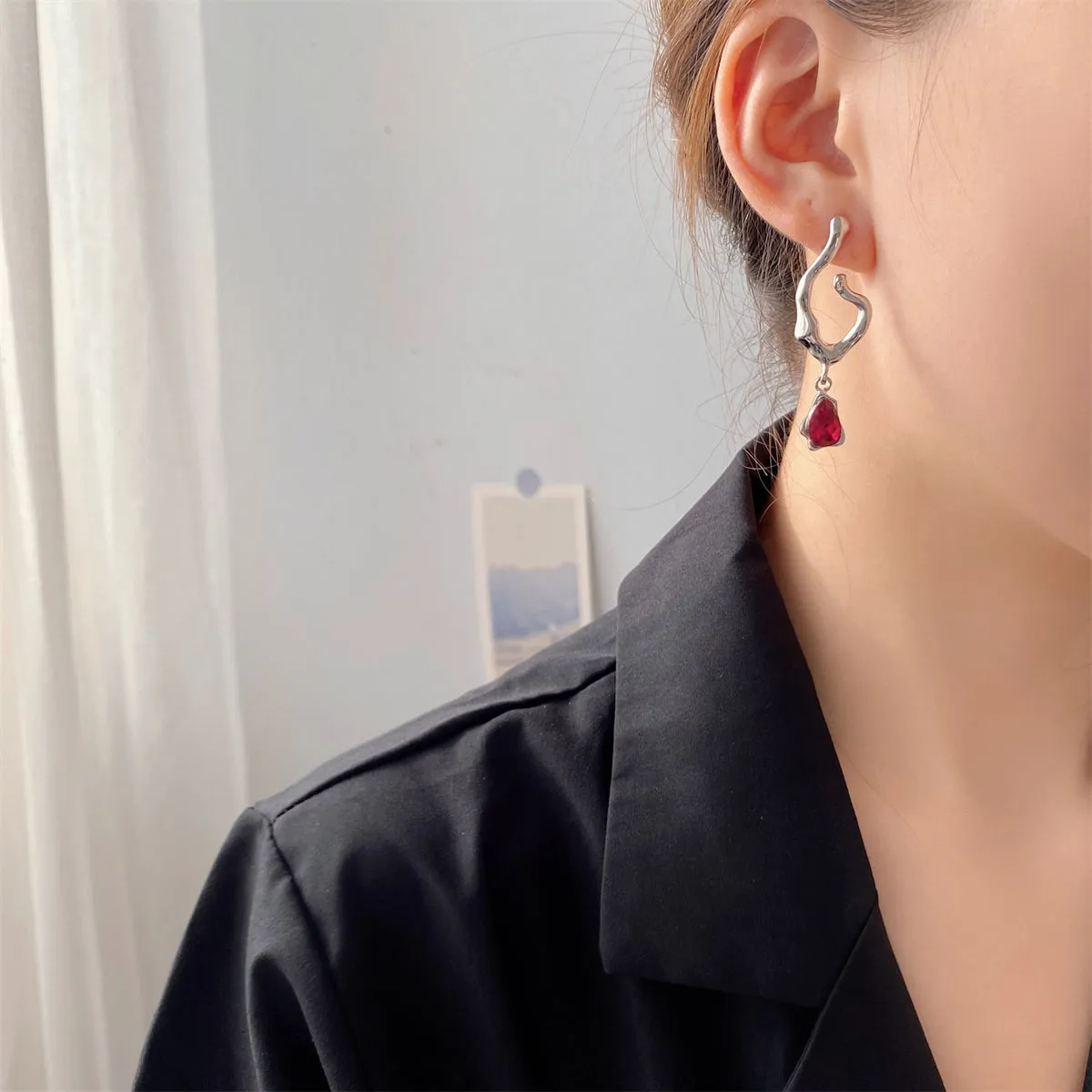 Red Crystal & Silver-Plated Drop Huggie Earrings