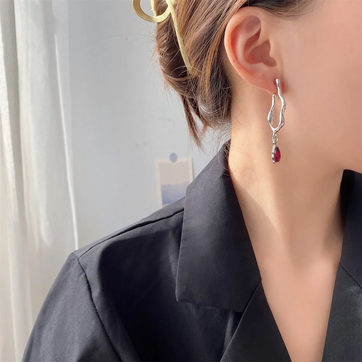 Red Crystal & Silver-Plated Drop Huggie Earrings