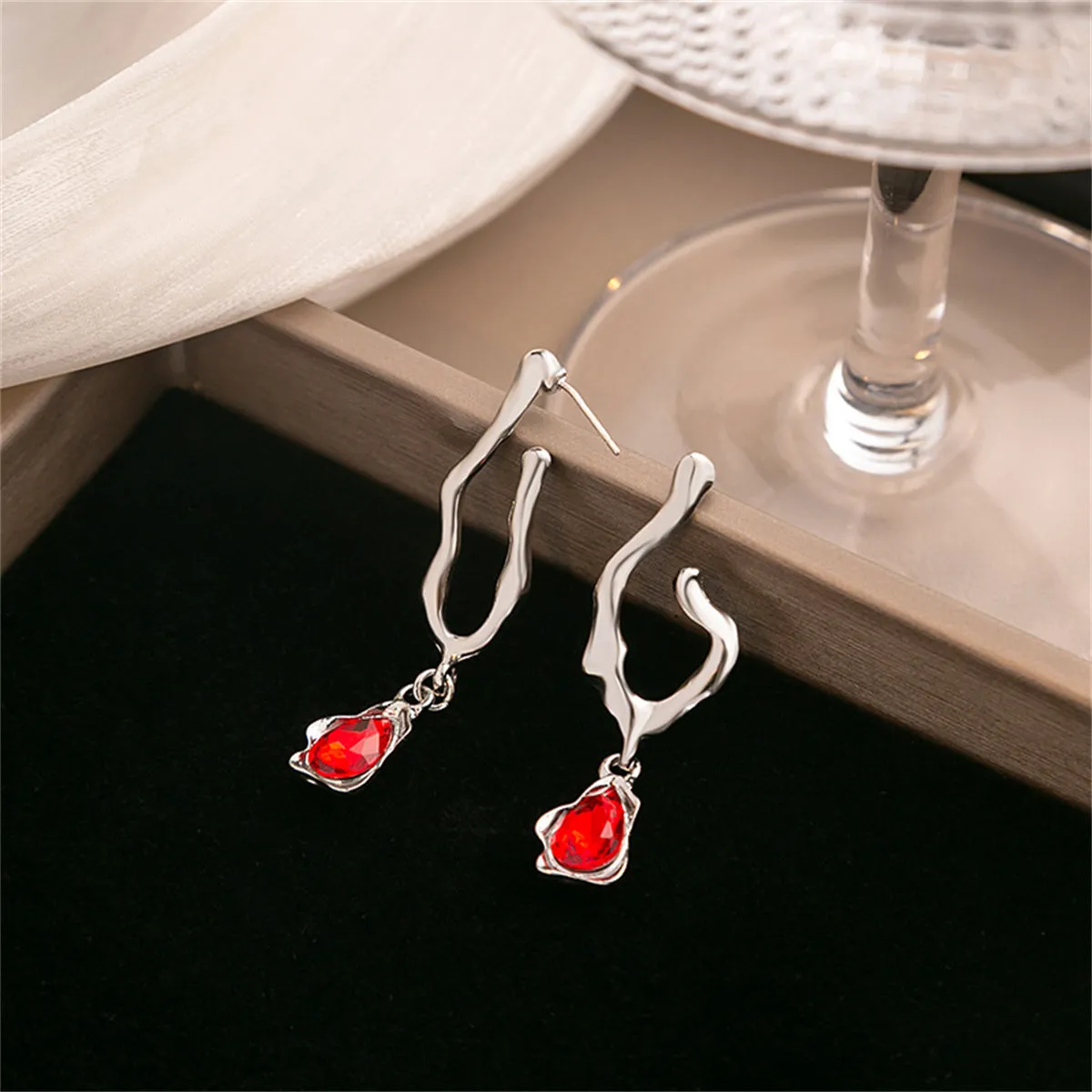 Red Crystal & Silver-Plated Drop Huggie Earrings