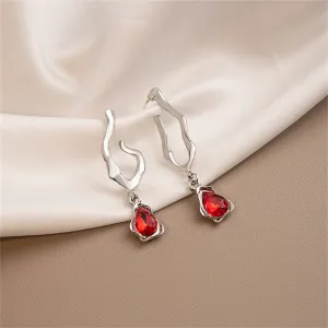 Red Crystal & Silver-Plated Drop Huggie Earrings