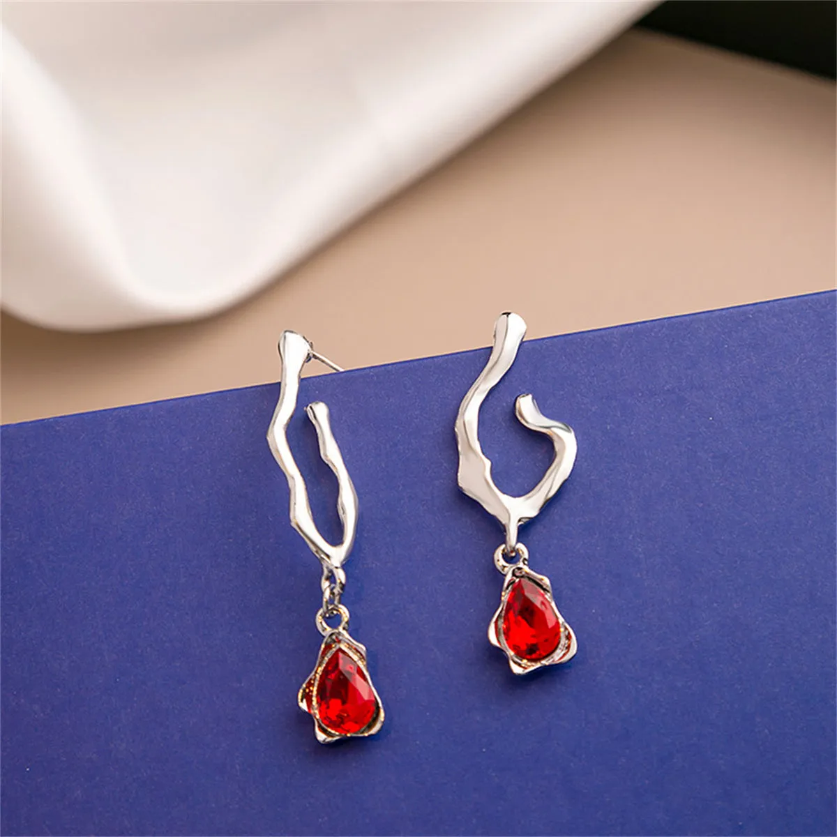 Red Crystal & Silver-Plated Drop Huggie Earrings