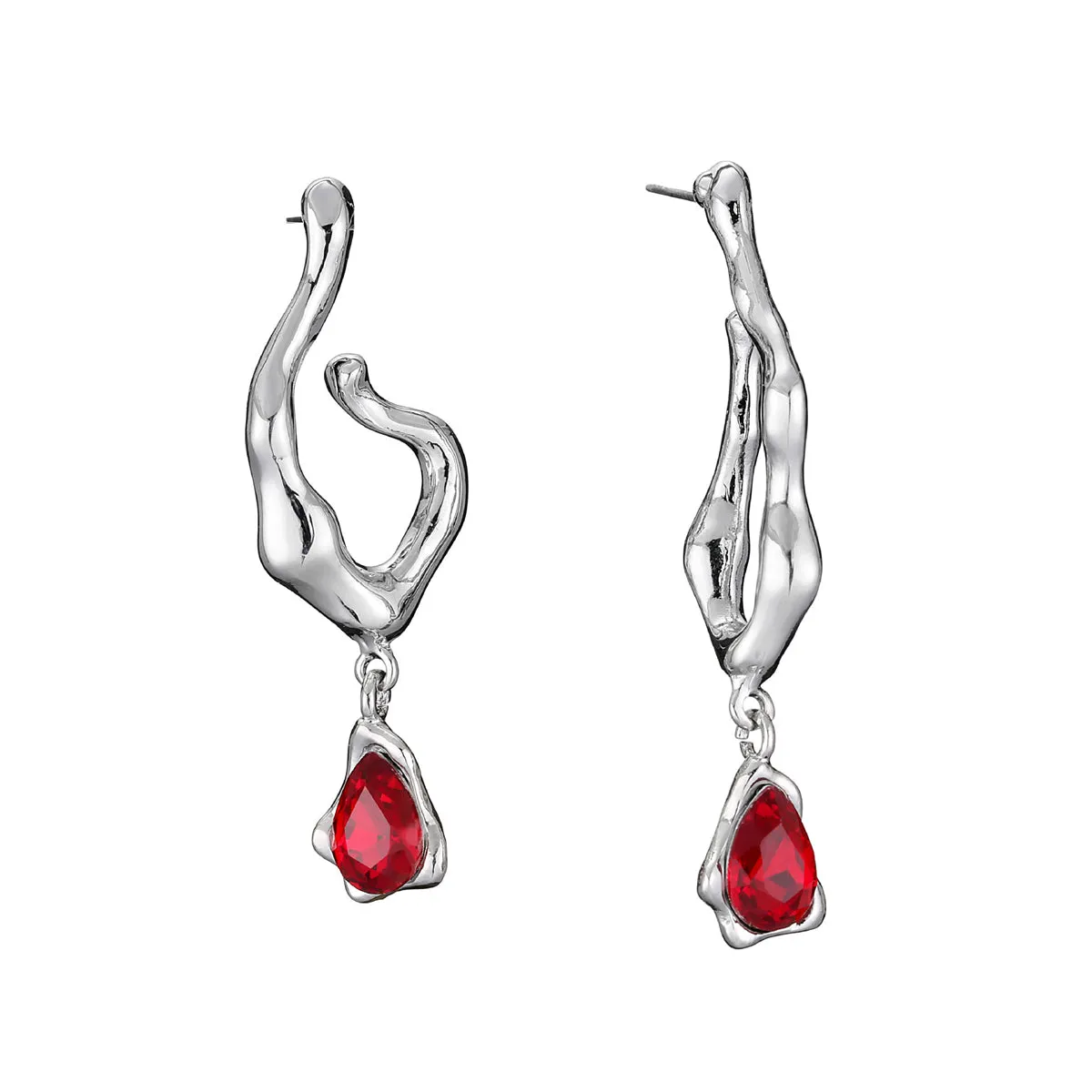 Red Crystal & Silver-Plated Drop Huggie Earrings