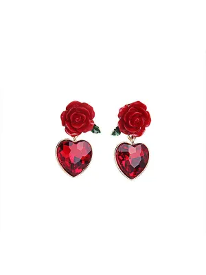 Red Flower Heart-shaped Earrings