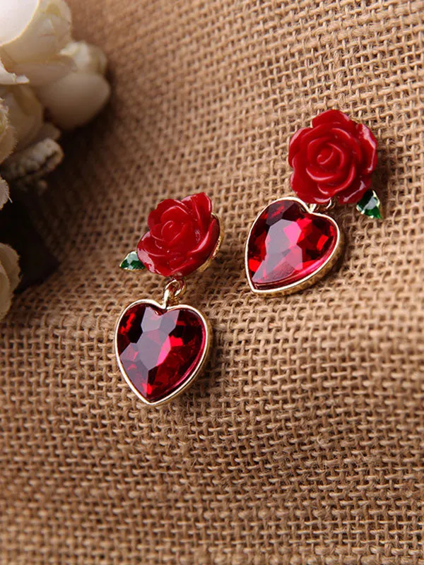 Red Flower Heart-shaped Earrings