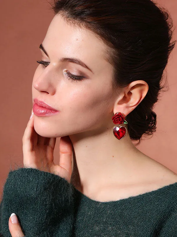 Red Flower Heart-shaped Earrings