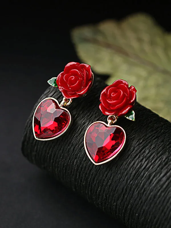 Red Flower Heart-shaped Earrings