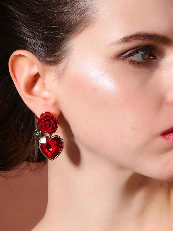 Red Flower Heart-shaped Earrings