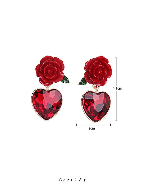 Red Flower Heart-shaped Earrings