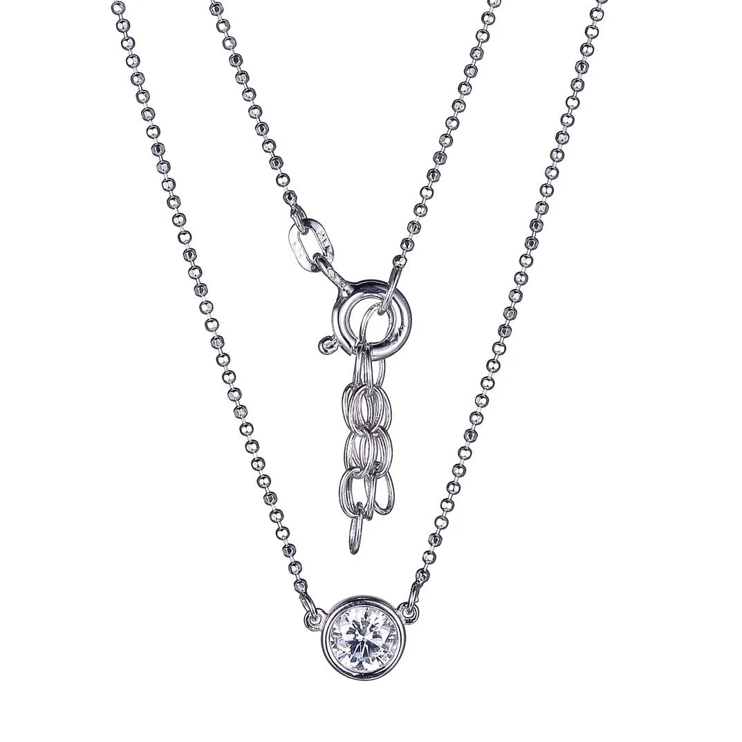 Reign Sterling Silver Rhodium Plated Bezel Set CZ Diamond Cut Beaded Necklace