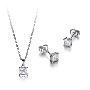 Reign Sterling Silver Rhodium Plated Princess Cut CZ Pendant and Earring Set