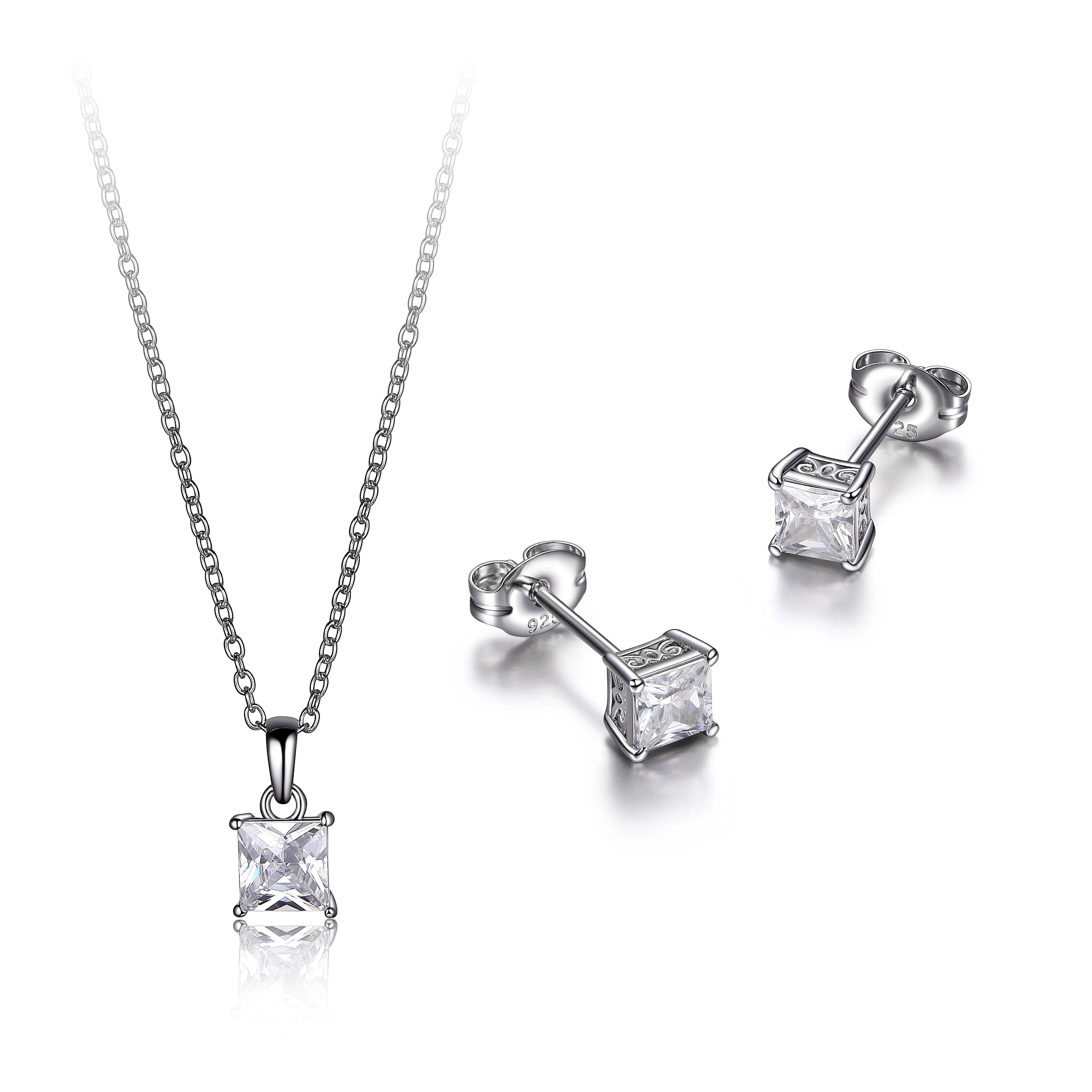 Reign Sterling Silver Rhodium Plated Princess Cut CZ Pendant and Earring Set