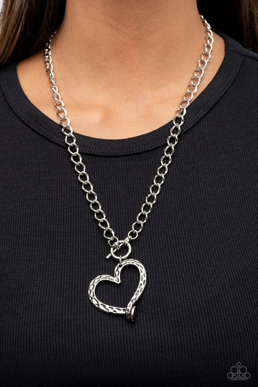 Reimagined Romance Silver Hammered Heart Paparazzi Toggle Short Necklace