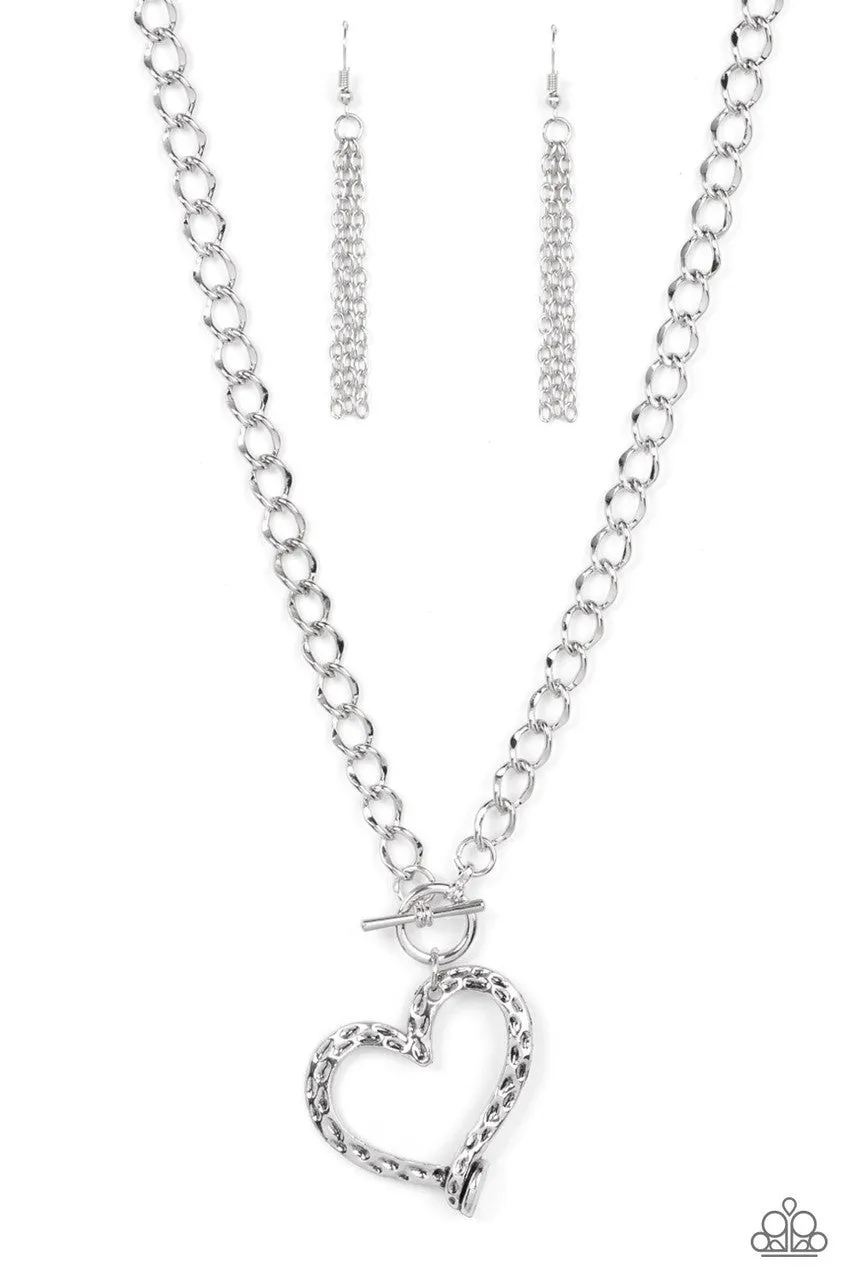 Reimagined Romance Silver Hammered Heart Paparazzi Toggle Short Necklace