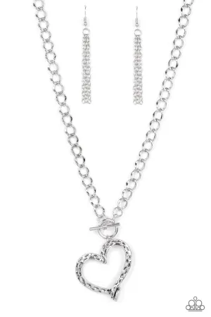 Reimagined Romance Silver Hammered Heart Paparazzi Toggle Short Necklace