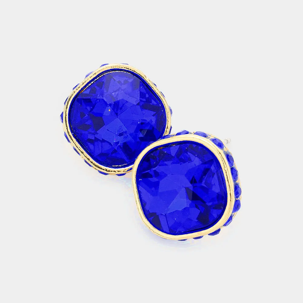 Rhinestone Trimmed Sapphire Square Stone Stud Earrings  | Interview Earrings | 575953