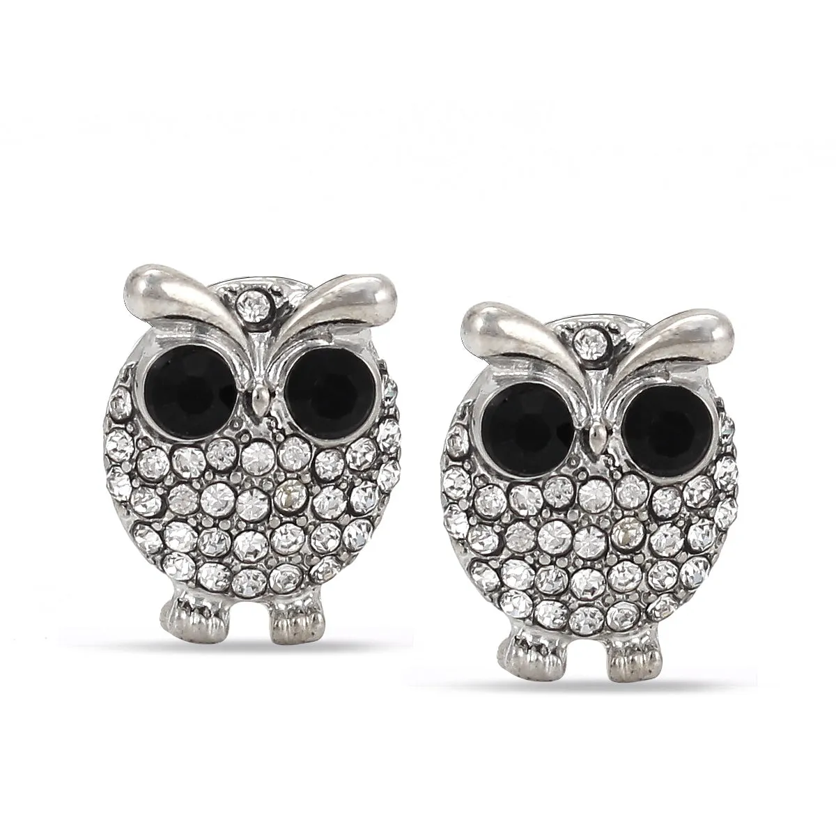 RHODIUM BLACK AND WHITE CRYSTAL OWL STUD EARRING #SWKK-3371RHO (GF16)