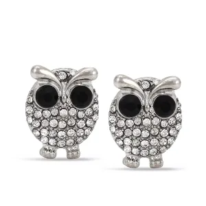 RHODIUM BLACK AND WHITE CRYSTAL OWL STUD EARRING #SWKK-3371RHO (GF16)