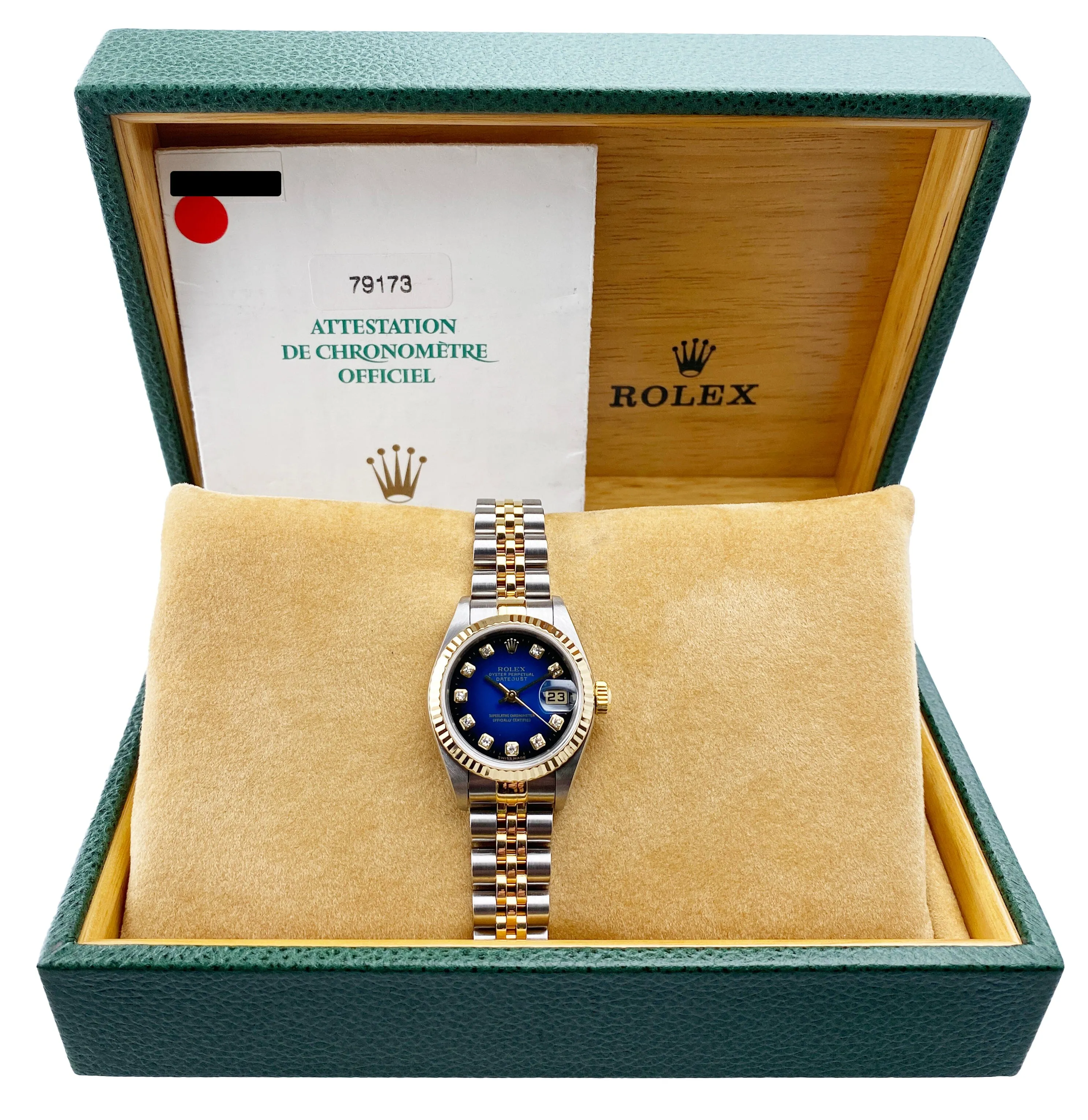 Rolex Datejust 79173 Blue Vignette Diamond Dial Ladies Watch Box Papers