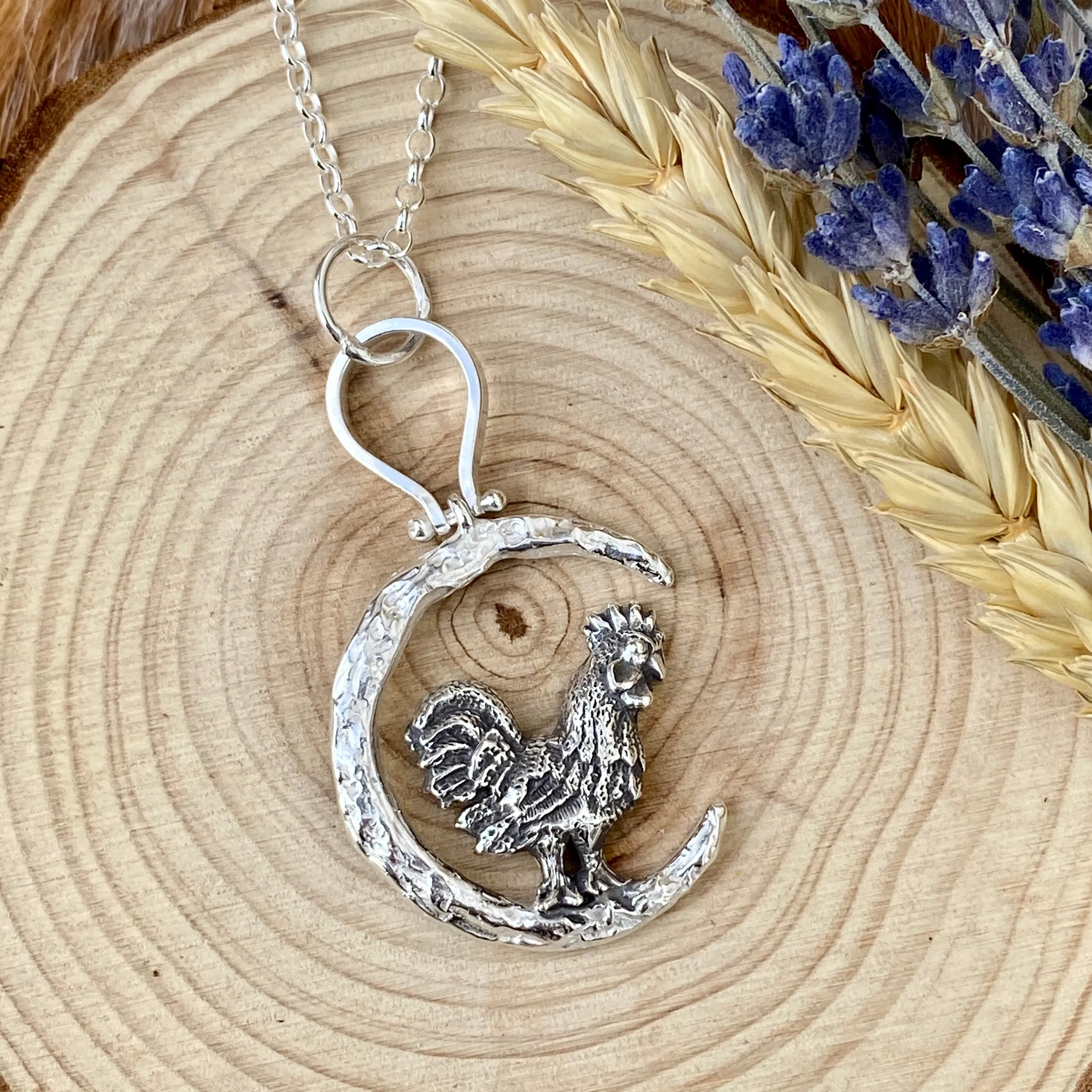 Rooster under the Moon sterling silver necklace