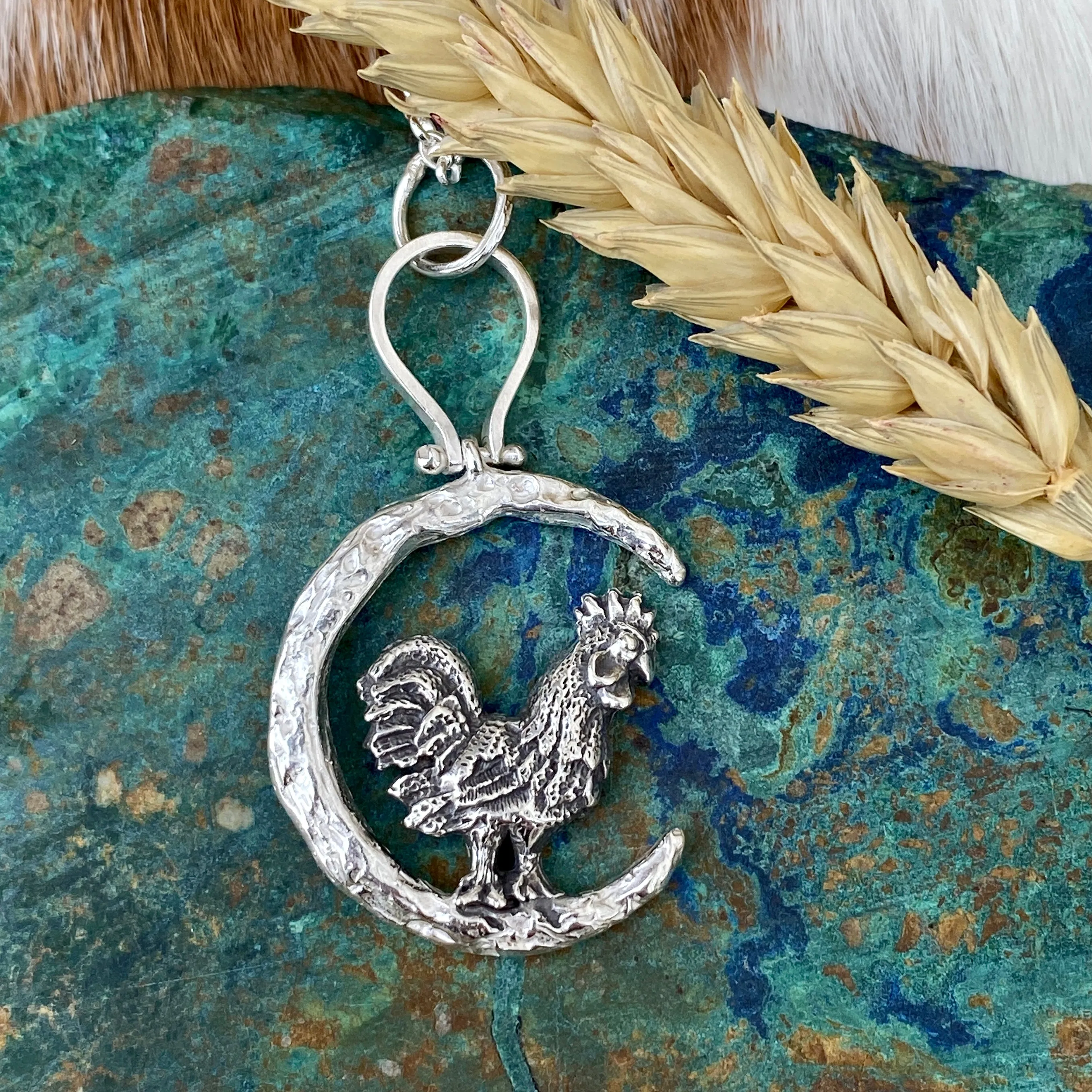Rooster under the Moon sterling silver necklace