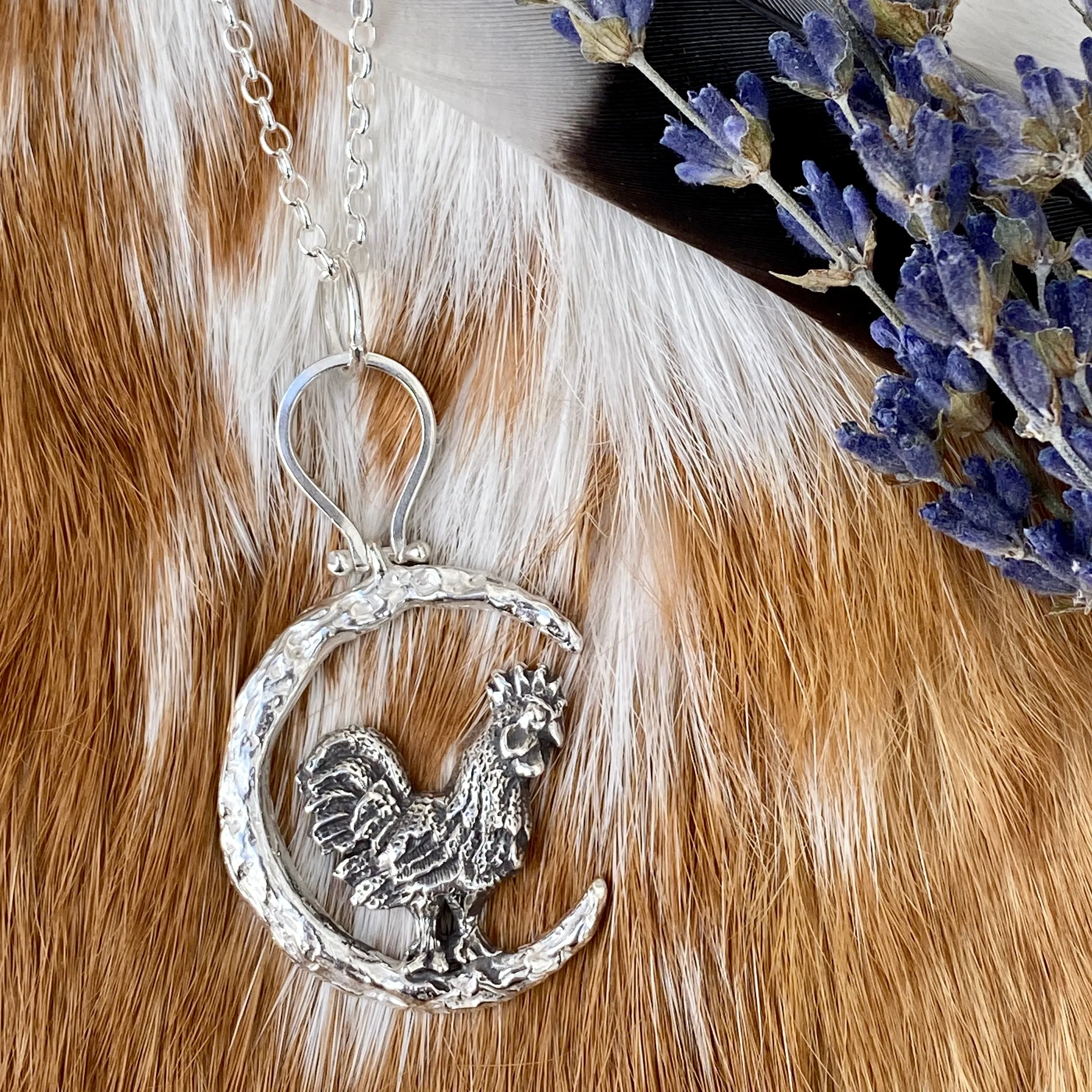 Rooster under the Moon sterling silver necklace