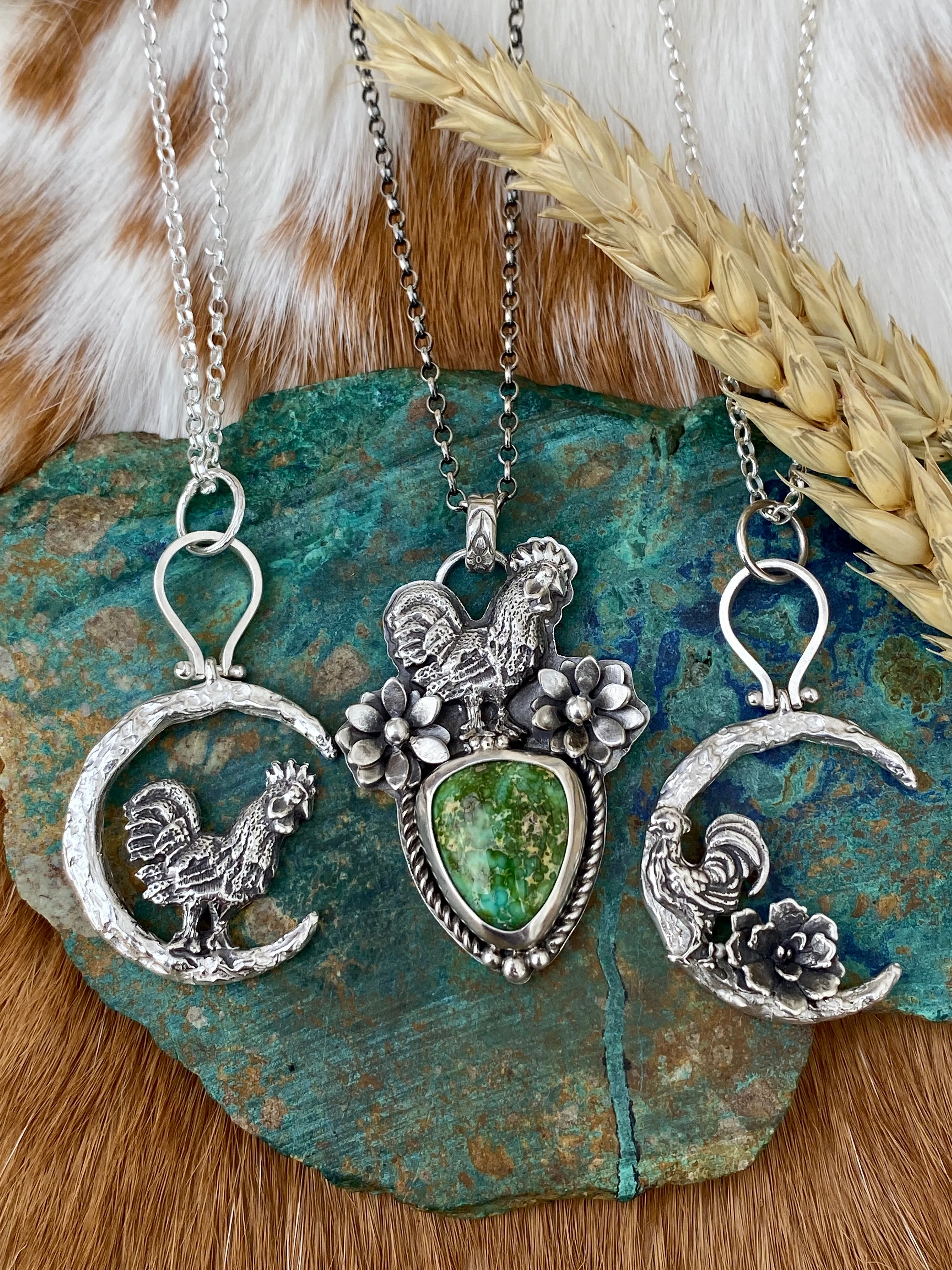 Rooster under the Moon sterling silver necklace