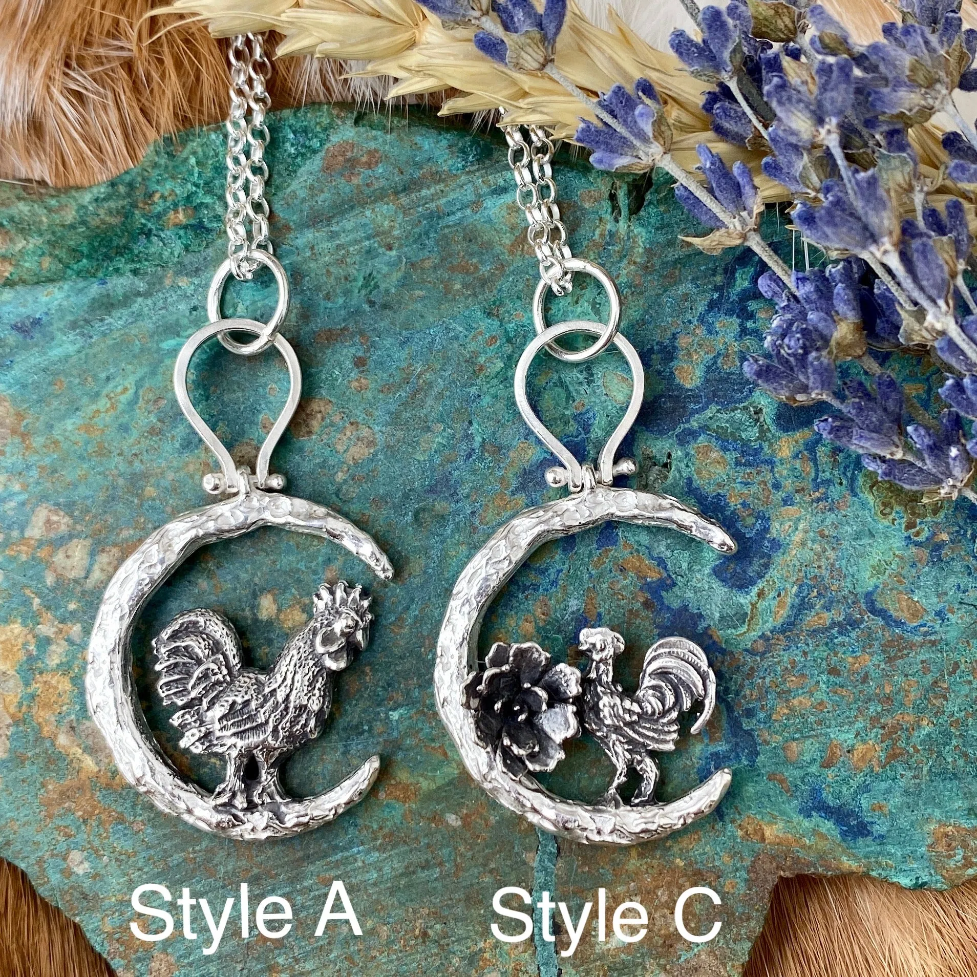 Rooster under the Moon sterling silver necklace