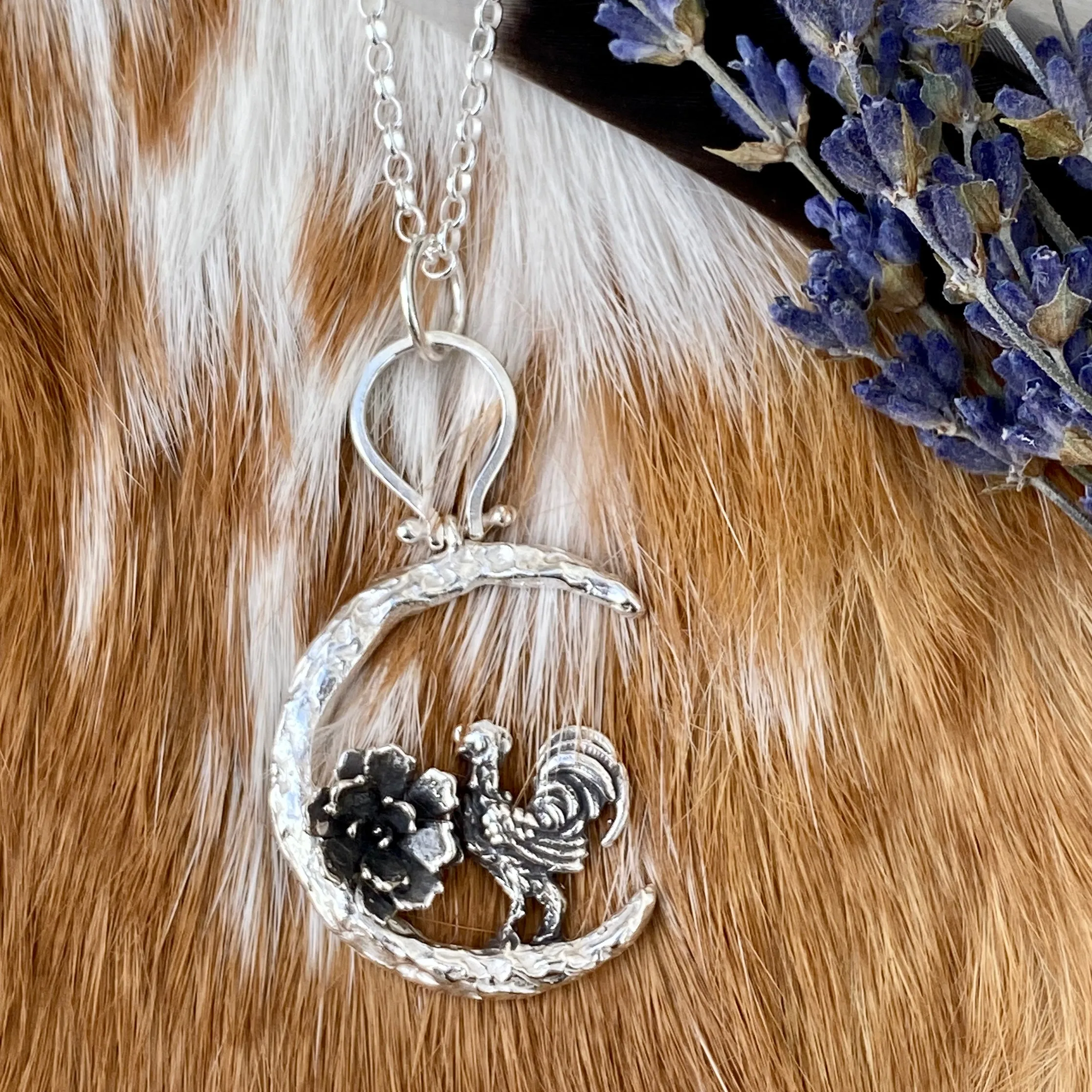 Rooster under the Moon sterling silver necklace