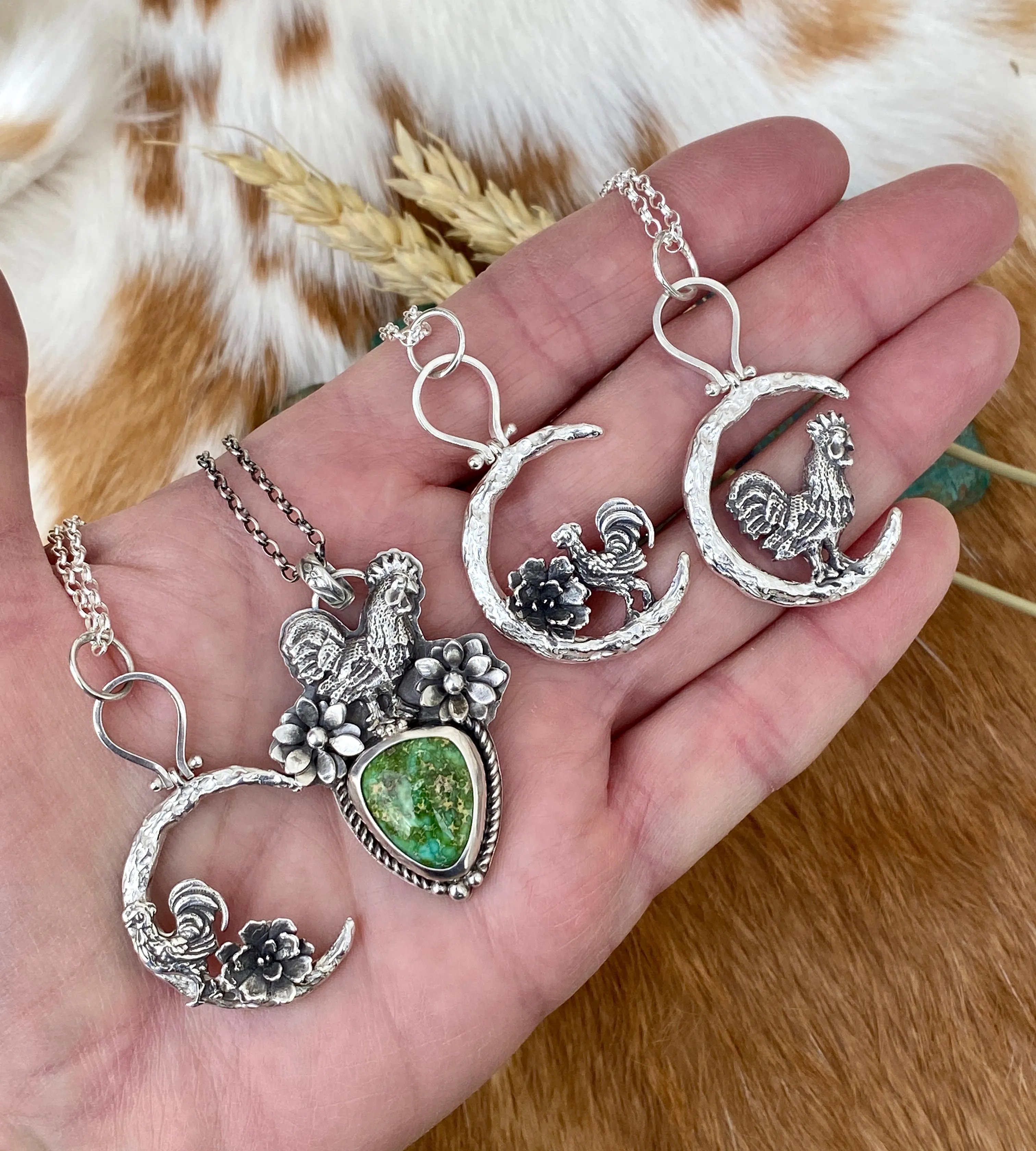Rooster under the Moon sterling silver necklace