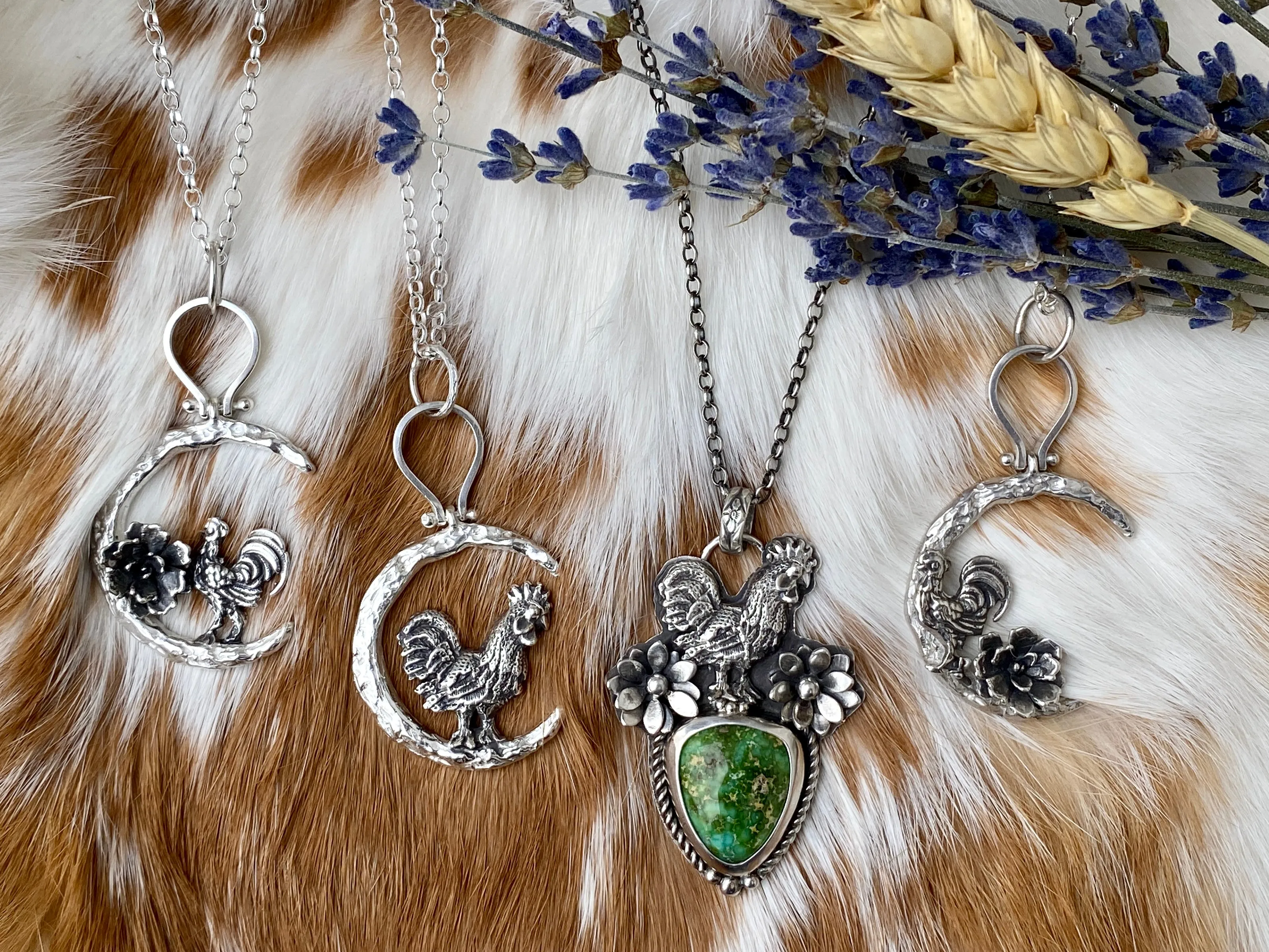 Rooster under the Moon sterling silver necklace