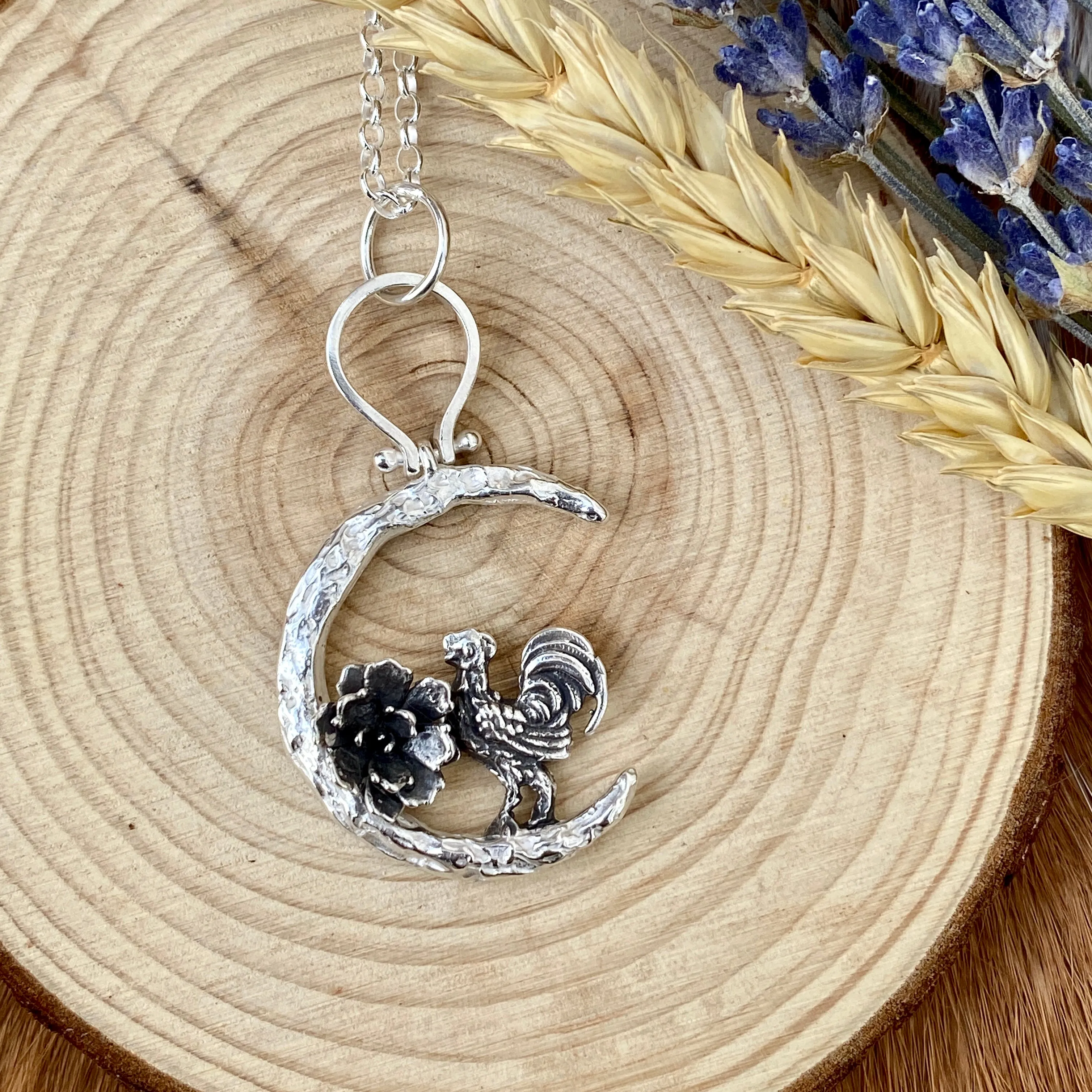 Rooster under the Moon sterling silver necklace