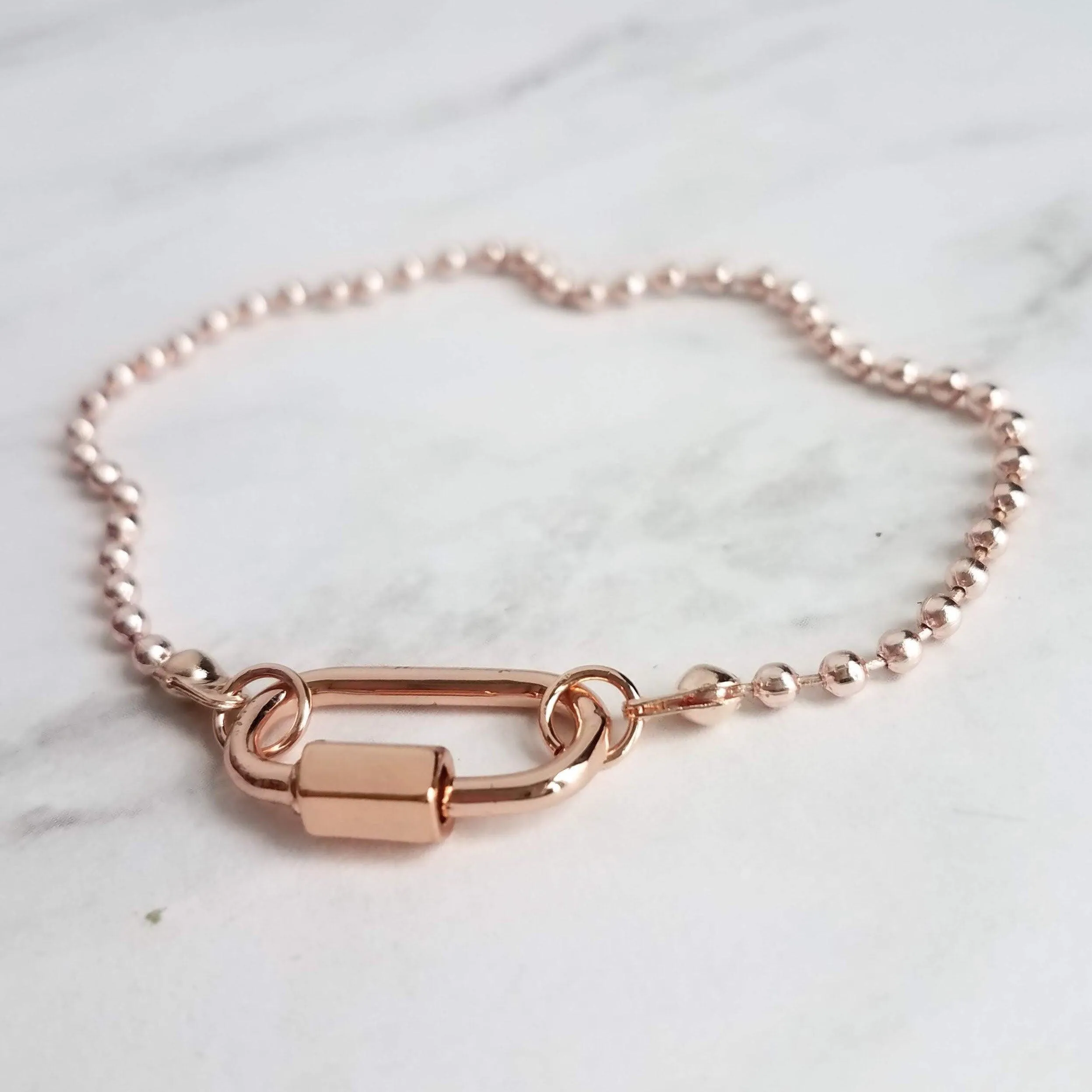 Rose Gold Ball Chain Bracelet, chunky clasp bracelet, carabiner clasp, rose gold bracelet, large oval clasp, screw clasp bracelet, pink gold