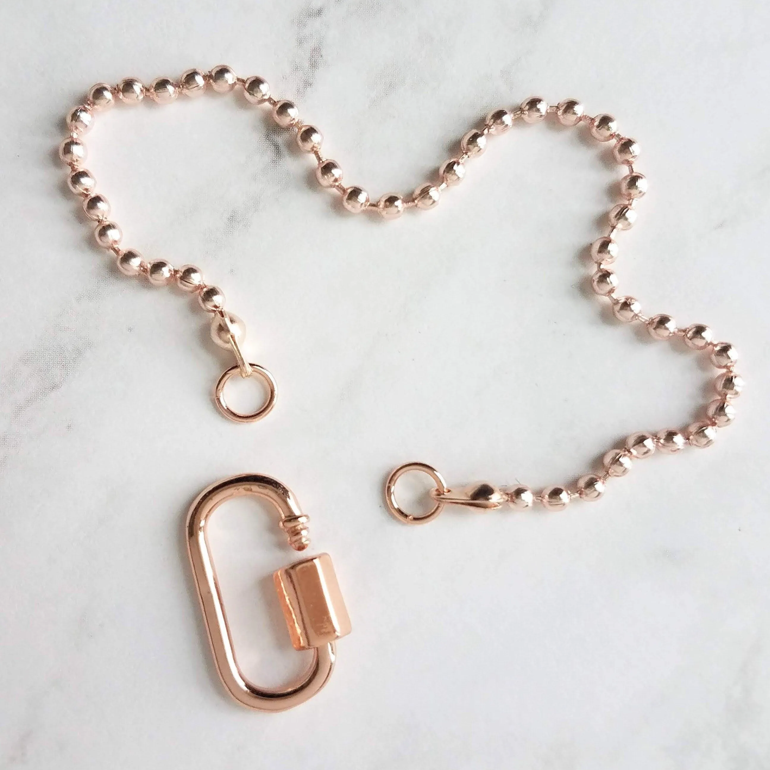 Rose Gold Ball Chain Bracelet, chunky clasp bracelet, carabiner clasp, rose gold bracelet, large oval clasp, screw clasp bracelet, pink gold