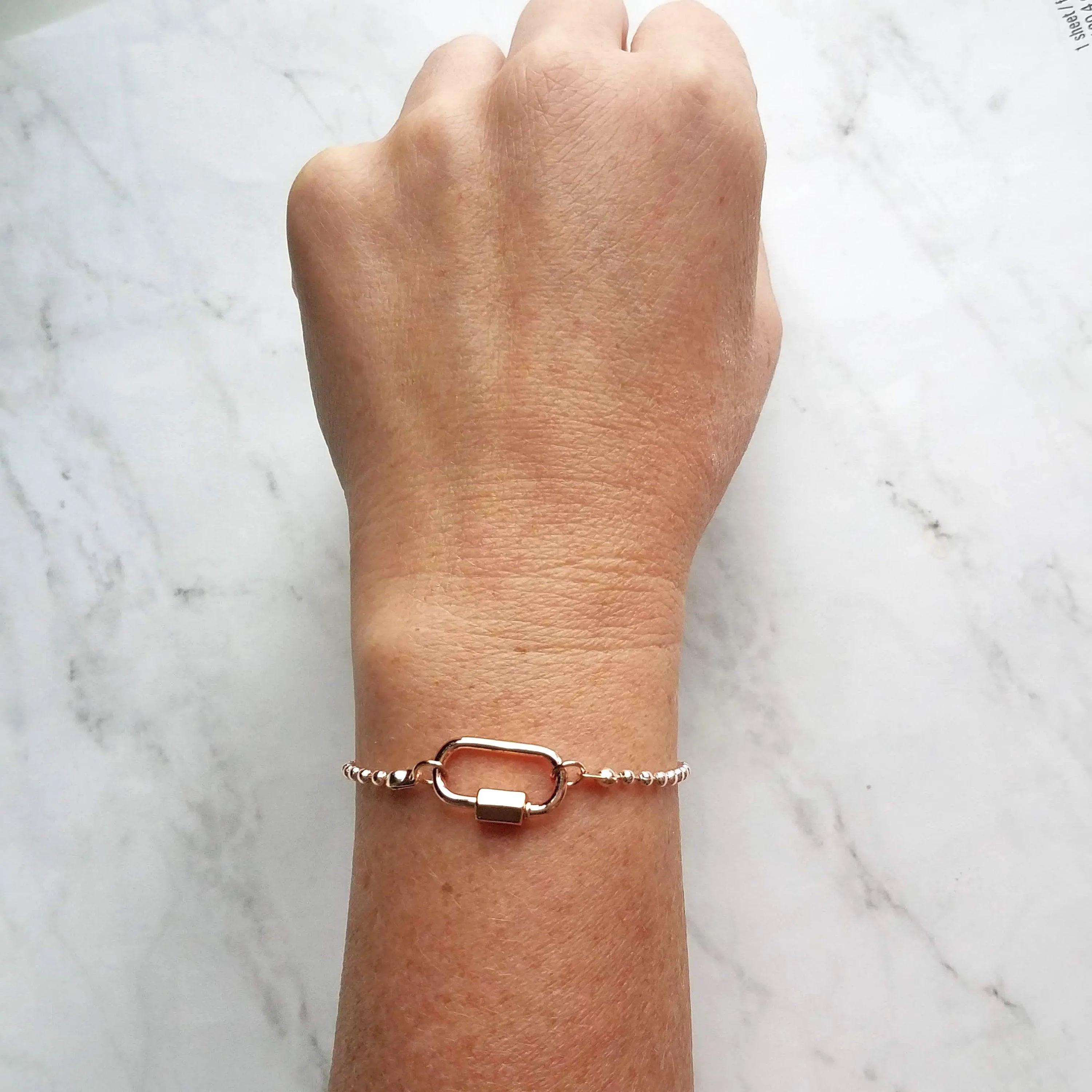 Rose Gold Ball Chain Bracelet, chunky clasp bracelet, carabiner clasp, rose gold bracelet, large oval clasp, screw clasp bracelet, pink gold
